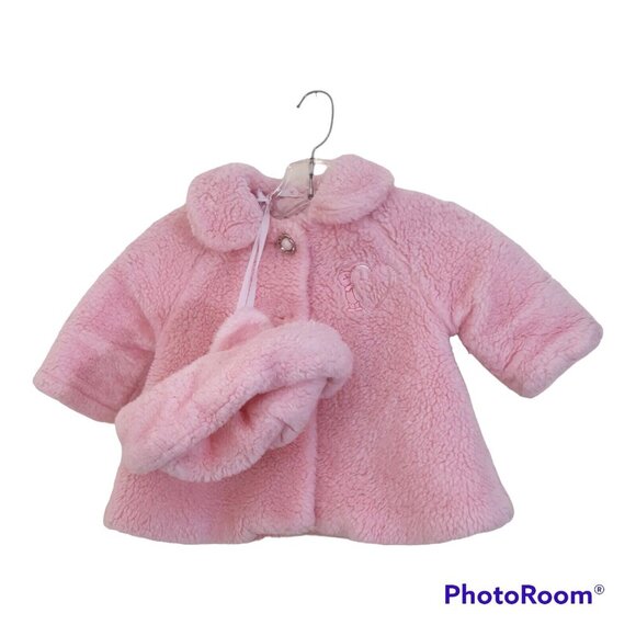 Vintage Girls Coat 12 Months Pink Faux Sherpa Matching Hat Quilted Lining Button - Picture 1 of 12